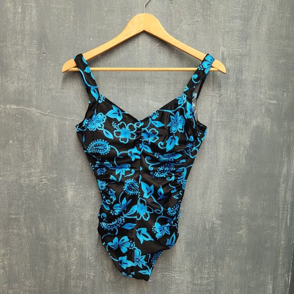 Maxine Of Hollywood Swimsuit One Piece Retro Hawaiian Print Blue Size 12 - Picture 1 of 7